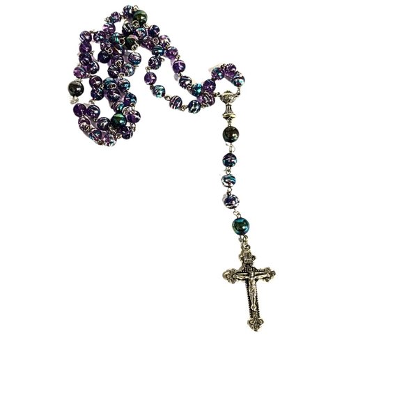 Artisan Crafted Holy Rosary In Iridescent Blue - Picture 2 of 5